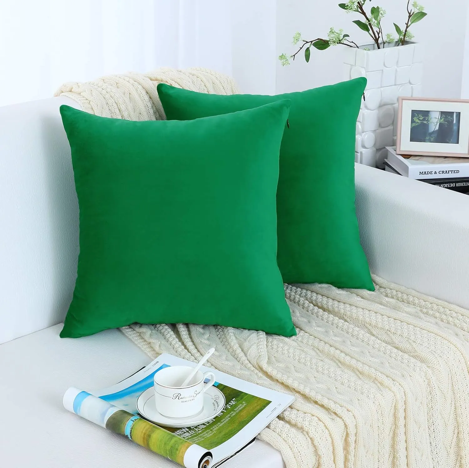 Jeneoo Set of 2 Decorative Throw Pillow Covers Soft Velvet Comfy Solid Couch Cushion Cover Decor (Bright Green, 20 x 20 Inches)