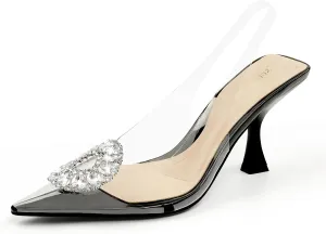 JENN ARDOR Clear Heels for Women Slingback Pointed Closed Toe Heels with Rhinestones 3 inch Comfortable Stiletto Sandals Pumps Wedding Party Dress Shoes