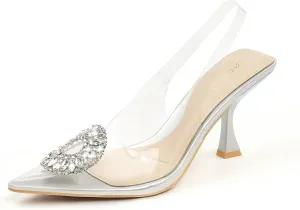 JENN ARDOR Clear Heels for Women Slingback Pointed Closed Toe Heels with Rhinestones 3 inch Comfortable Stiletto Sandals Pumps Wedding Party Dress Shoes