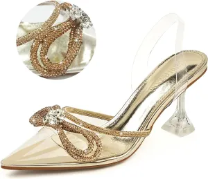 JENN ARDOR Women’s Heels for Bride Sparkly Low Heels Slingback Pumps 3.4 inch Clear Kitten Heels Wedding with Rhinestones Bow Pumps Pointed Toe Sandals Dress Shoes for Prom Party Dating