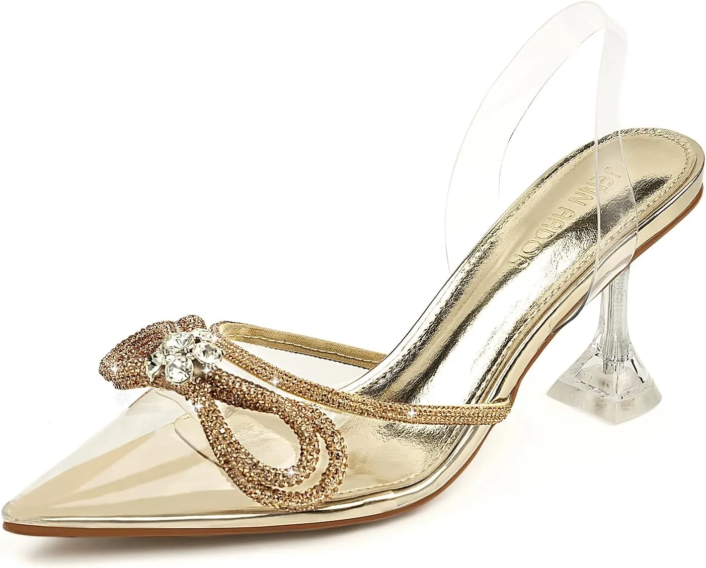 JENN ARDOR Women’s Heels for Bride Sparkly Low Heels Slingback Pumps 3.4 inch Clear Kitten Heels Wedding with Rhinestones Bow Pumps Pointed Toe Sandals Dress Shoes for Prom Party Dating