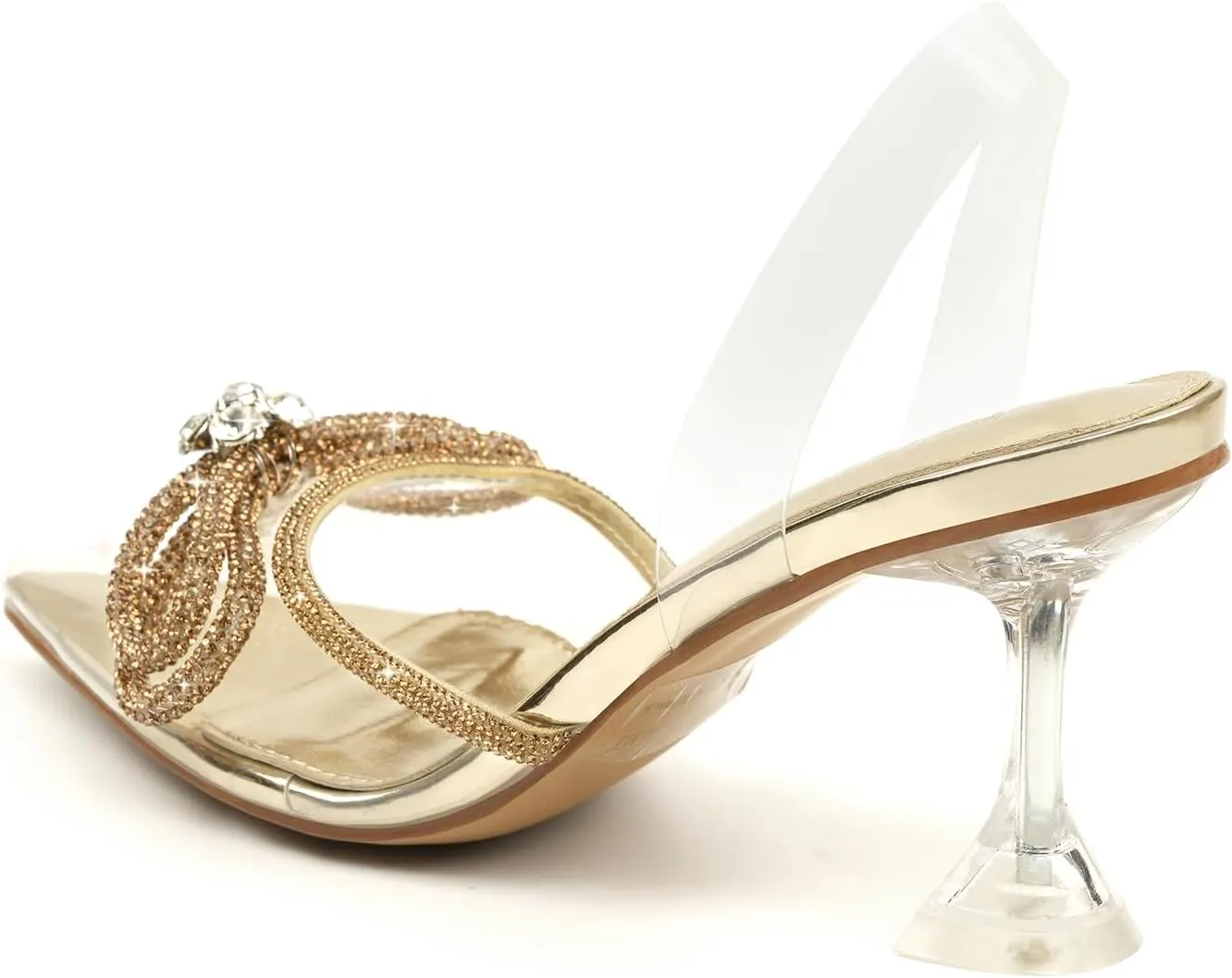 JENN ARDOR Women’s Heels for Bride Sparkly Low Heels Slingback Pumps 3.4 inch Clear Kitten Heels Wedding with Rhinestones Bow Pumps Pointed Toe Sandals Dress Shoes for Prom Party Dating