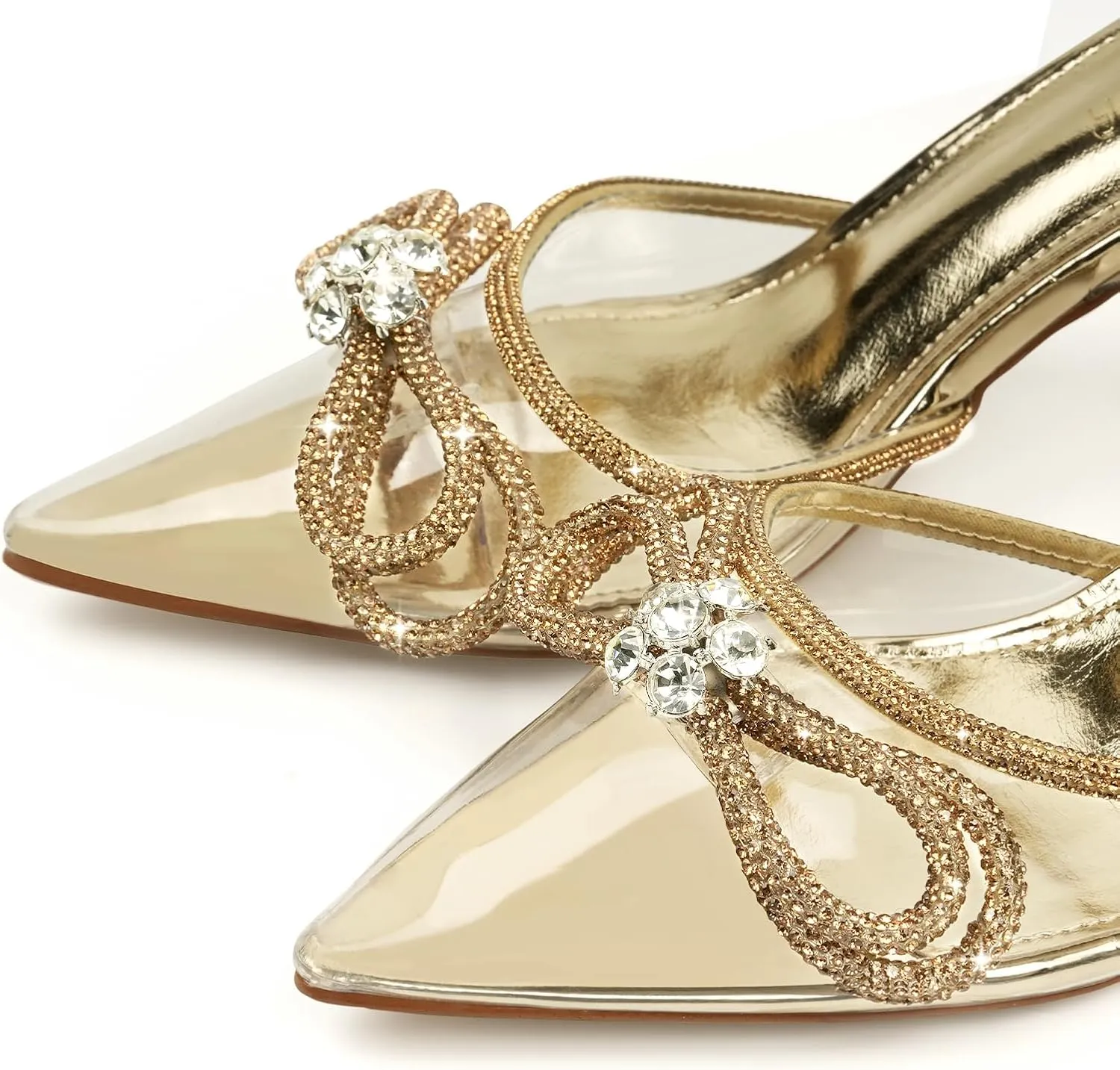 JENN ARDOR Women’s Heels for Bride Sparkly Low Heels Slingback Pumps 3.4 inch Clear Kitten Heels Wedding with Rhinestones Bow Pumps Pointed Toe Sandals Dress Shoes for Prom Party Dating