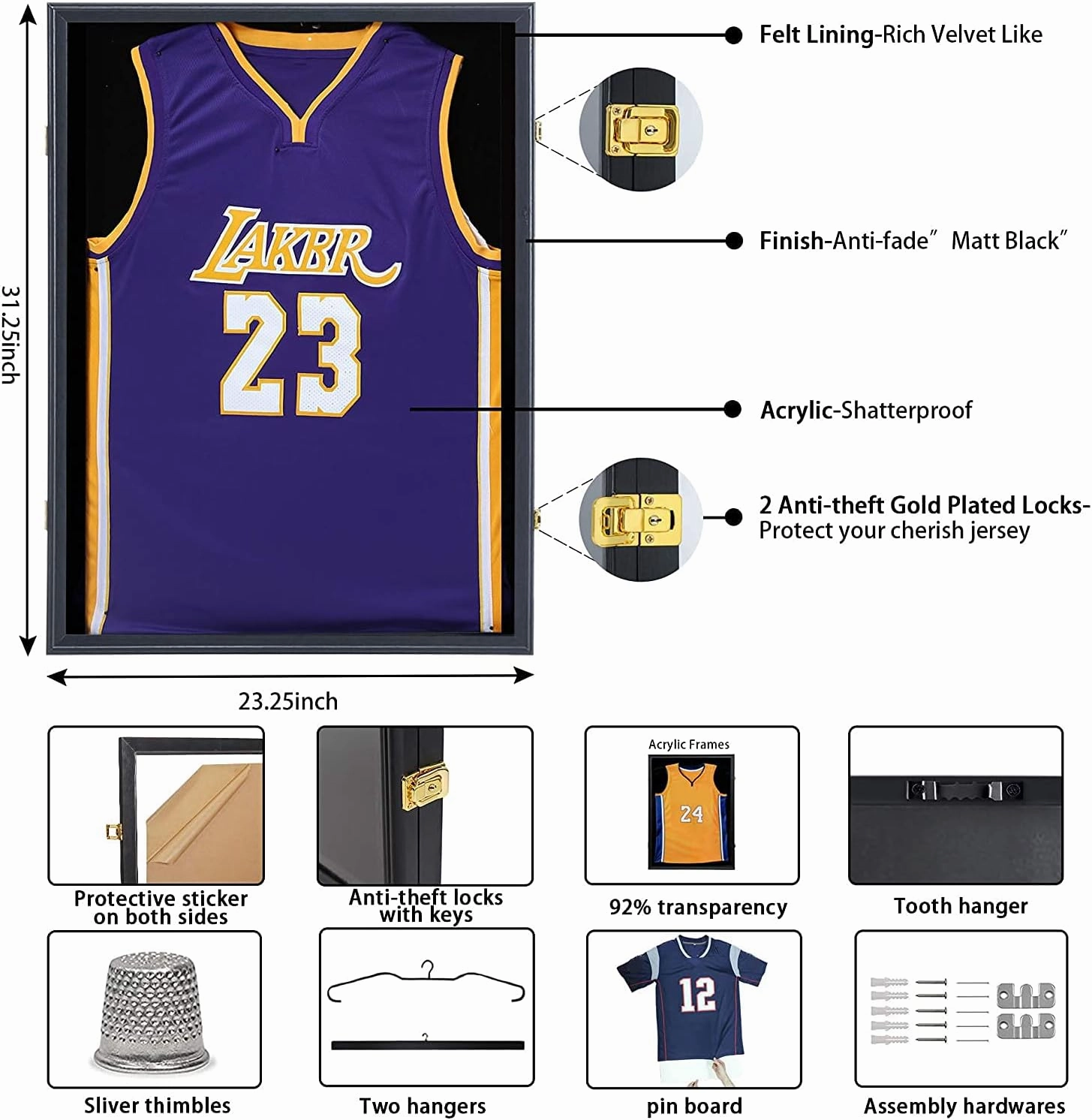 Jersey Display Frame Case, Large Lockable Shadow Box Sports Jersey Frame with 98% UV Protection Acrylic and Hanger for Baseball Basketball Football Shirt