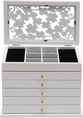 Jewelry Box, 6-Tier PU Leather Jewelry Organizer, Jewelry Box with Glass Lid with 5 Drawers for Necklace Bracelets Watches Gift Case