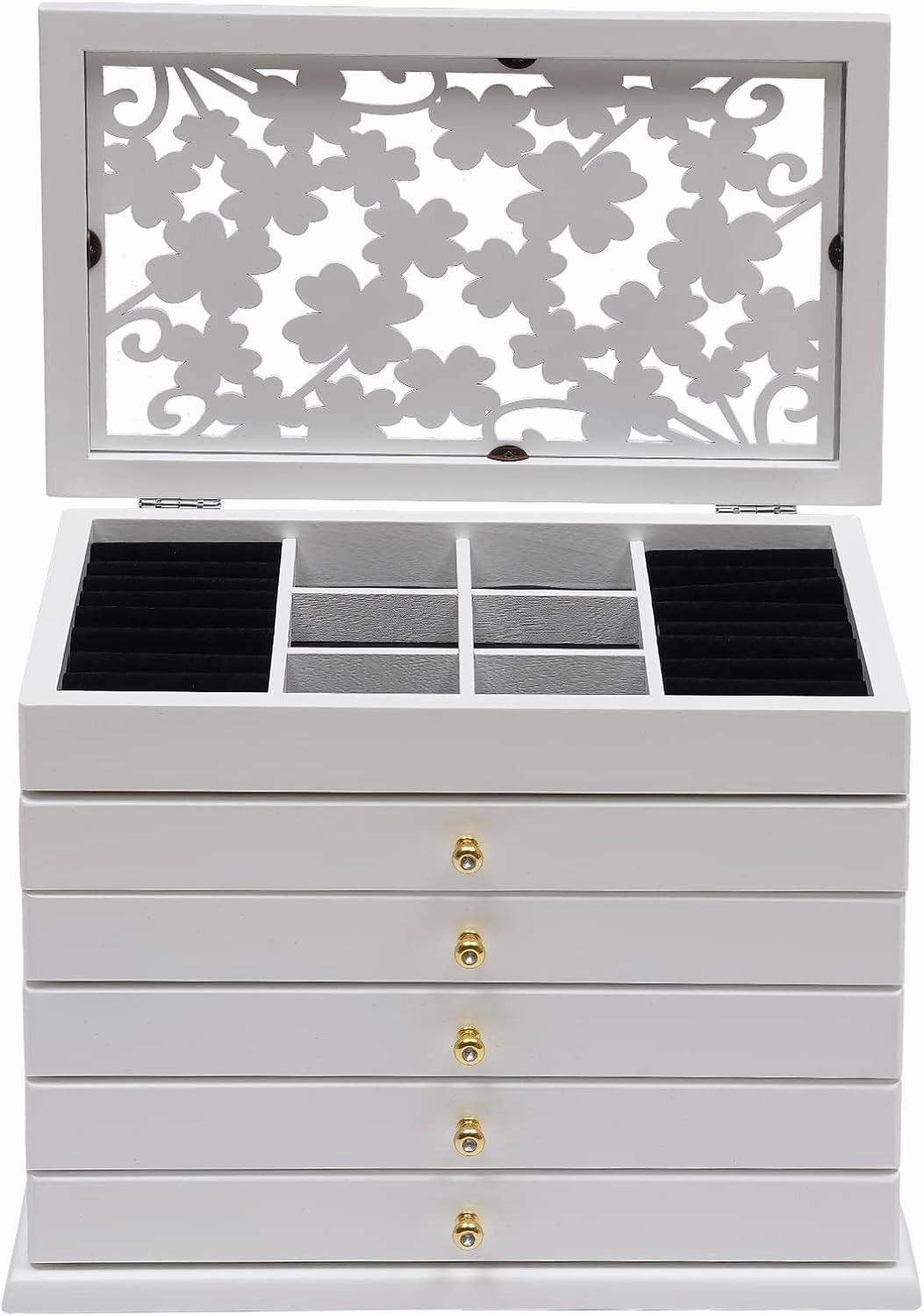 Jewelry Box, 6-Tier PU Leather Jewelry Organizer, Jewelry Box with Glass Lid with 5 Drawers for Necklace Bracelets Watches Gift Case