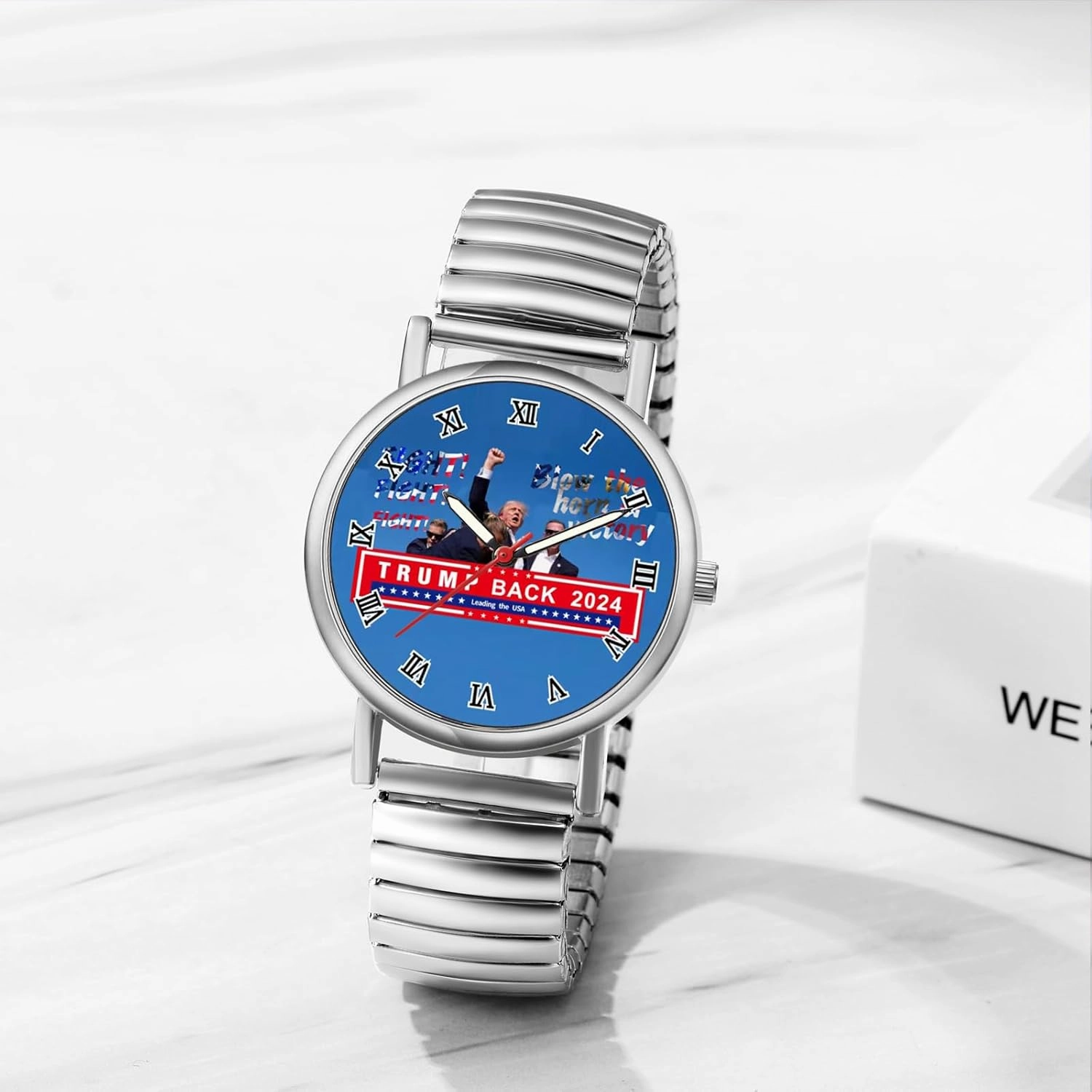 JewelryWe Men Women Elastic Watches: Round Analog Trump Dial Quartz Watch Gold Silver Plated Stretch Band Wristwatch