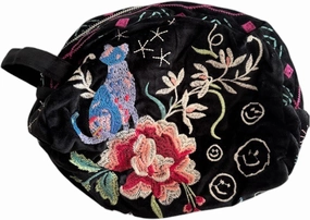 Johnny Was Colette Cotton Velvet Makeup Bag Floral Embroidered Cosmetic Handbag Black NEW