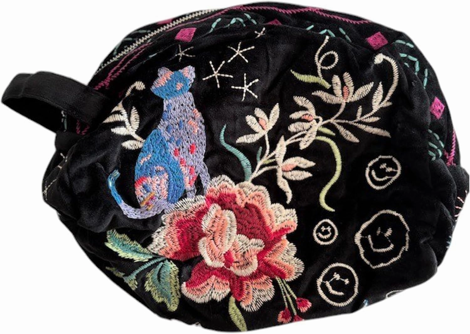 Johnny Was Colette Cotton Velvet Makeup Bag Floral Embroidered Cosmetic Handbag Black NEW