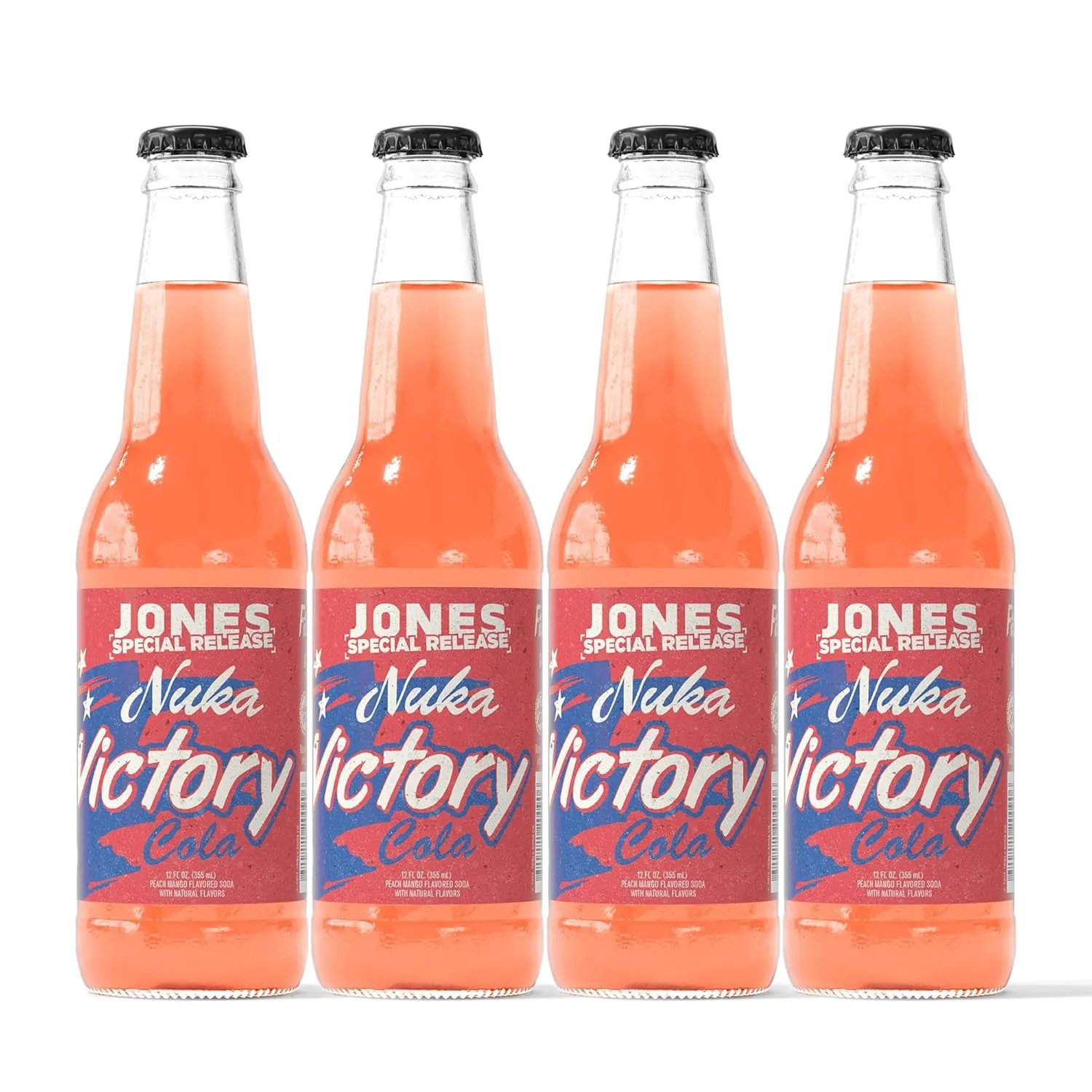 Jones Soda Co. Special Release Nuka Cola Victory | Fallout Merchandise | Cane Sugar Soda | Craft Soda Pop | Soda Soft Drinks | Glass Bottle Soda | Peach & Mango Flavor | (4 Bottles)