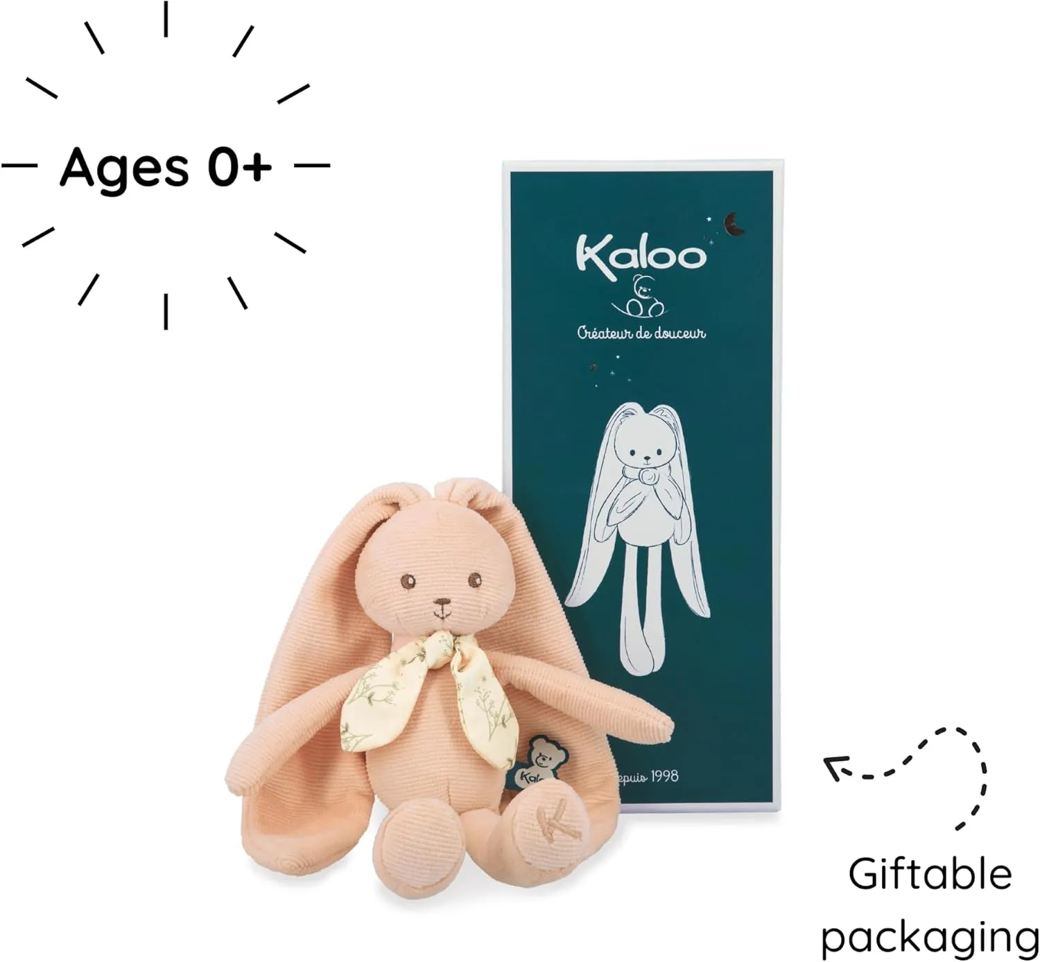 Kaloo Lapinoo My First Friend Corduroy Rabbit - Machine Washable - 10” Tall in Gift Box - Peach Ages 0  - K218015