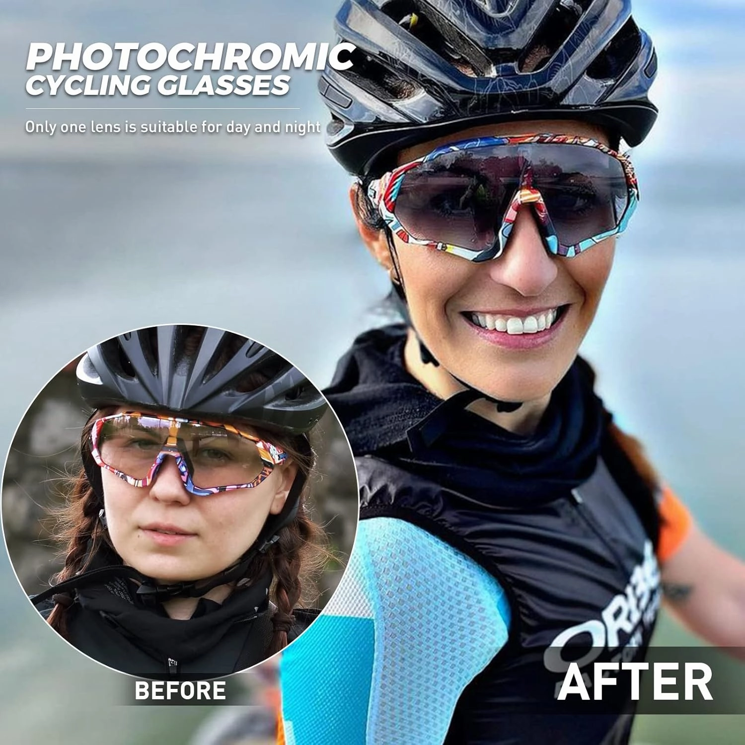 KAPVOE Photochromic Cycling Glasses Men Women Mountain Bike Sunglasses Clear MTB Bicycle Riding - K9408