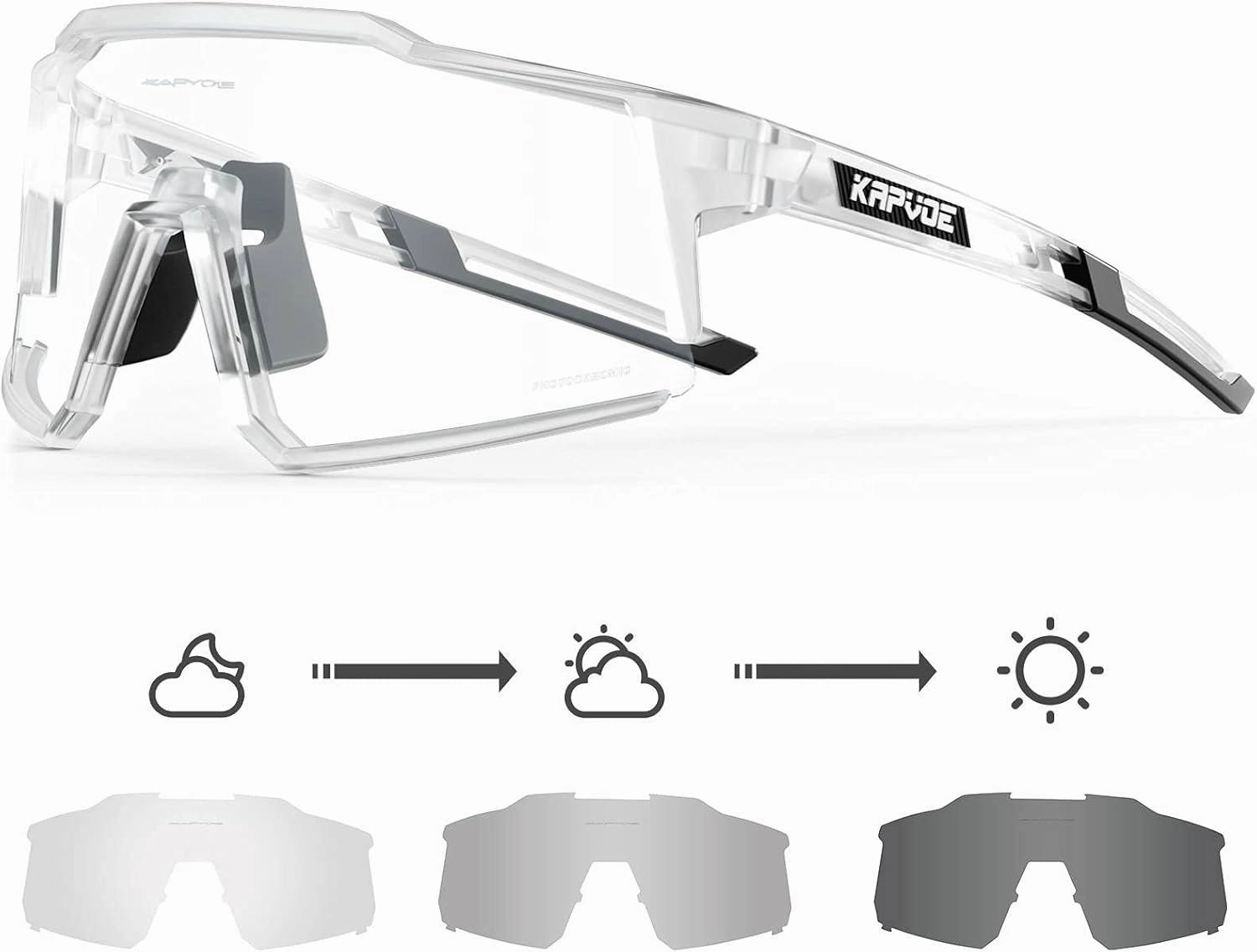 KAPVOE Photochromic Cycling Glasses MTB Clear Mountain Bike Transition Bicycle Sunglasses for Men Women - K9022