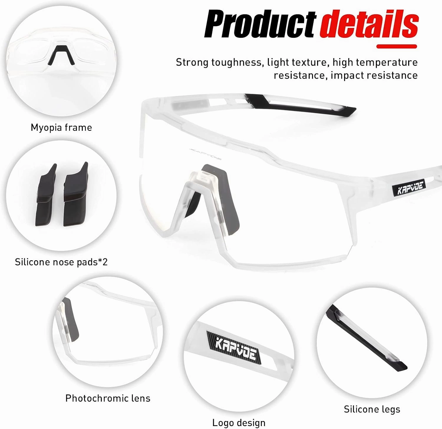 KAPVOE Photochromic Cycling Glasses MTB Clear Mountain Bike Transition Bicycle Sunglasses for Men Women - K9022