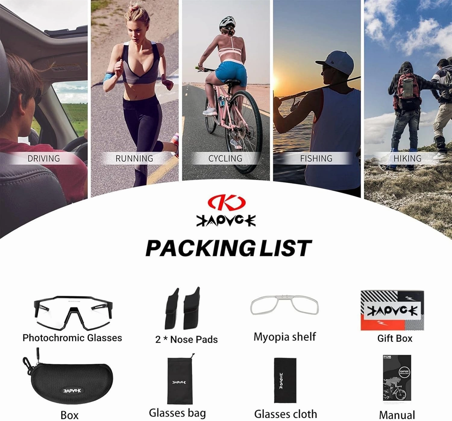 KAPVOE Photochromic Cycling Glasses MTB Clear Mountain Bike Transition Bicycle Sunglasses for Men Women - K9022