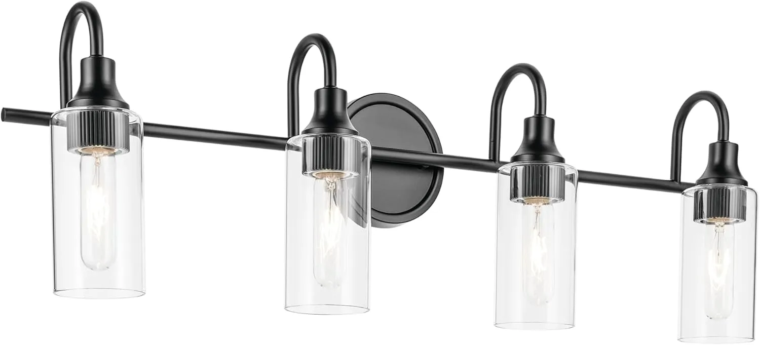 Kichler Kavi 31.5" 4-Light Vanity Light with Clear Glass in Black, Damp Rated, for Bathroom, Powder Room, Over a Mirror, (31.5" W x 10" H), 55212BK