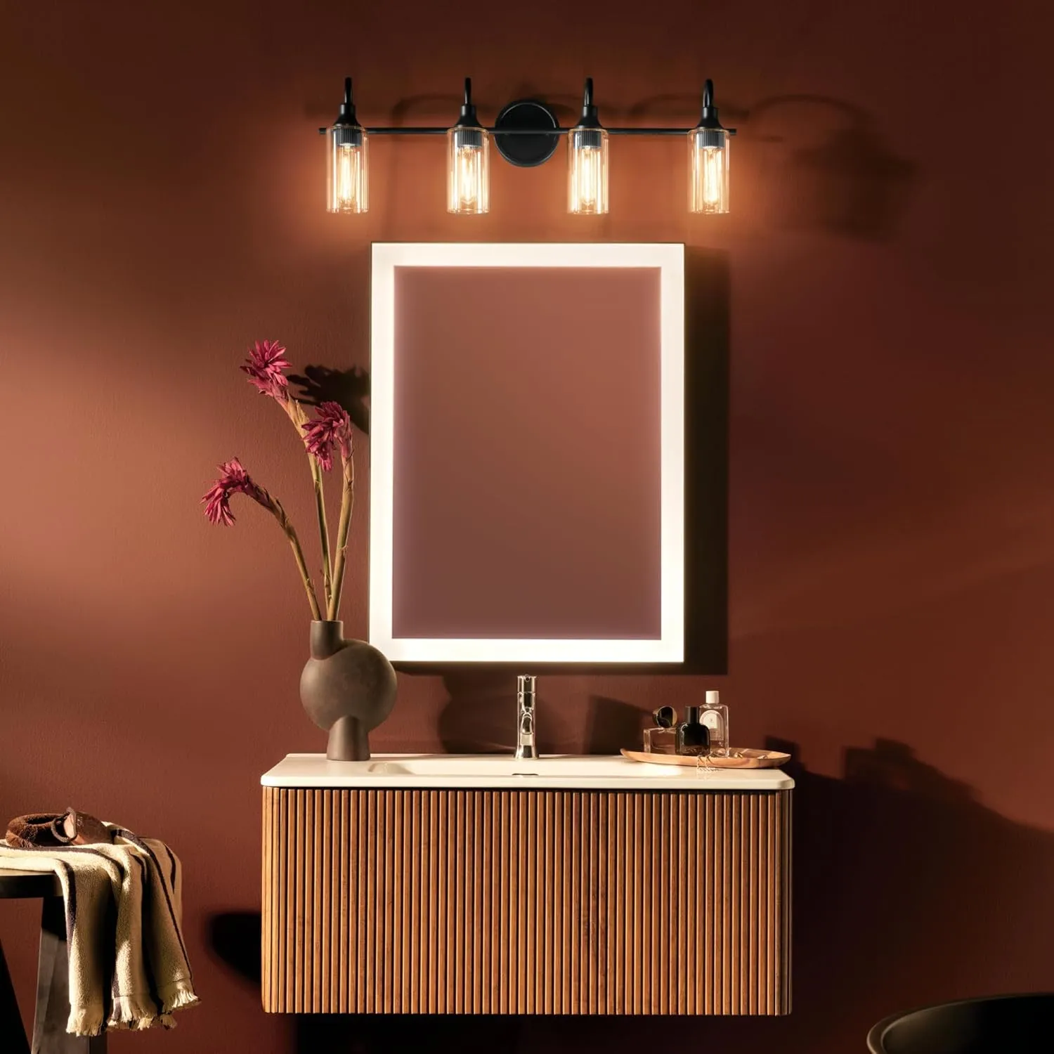 Kichler Kavi 31.5" 4-Light Vanity Light with Clear Glass in Black, Damp Rated, for Bathroom, Powder Room, Over a Mirror, (31.5" W x 10" H), 55212BK