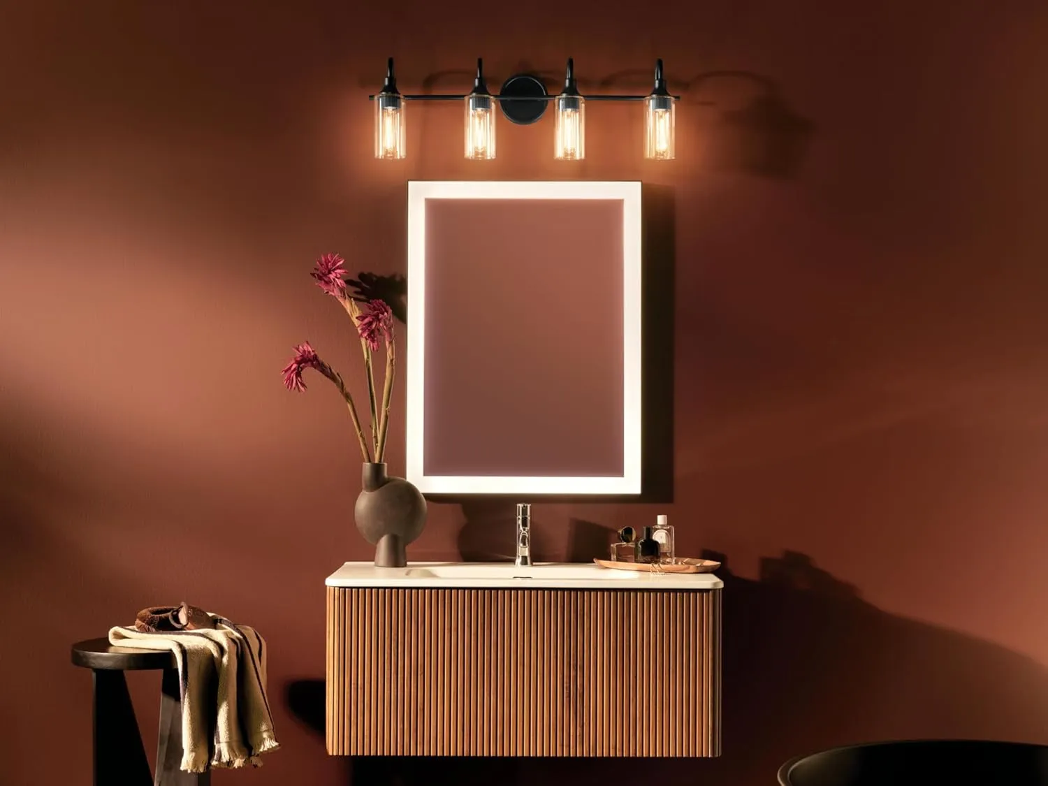 Kichler Kavi 31.5" 4-Light Vanity Light with Clear Glass in Black, Damp Rated, for Bathroom, Powder Room, Over a Mirror, (31.5" W x 10" H), 55212BK