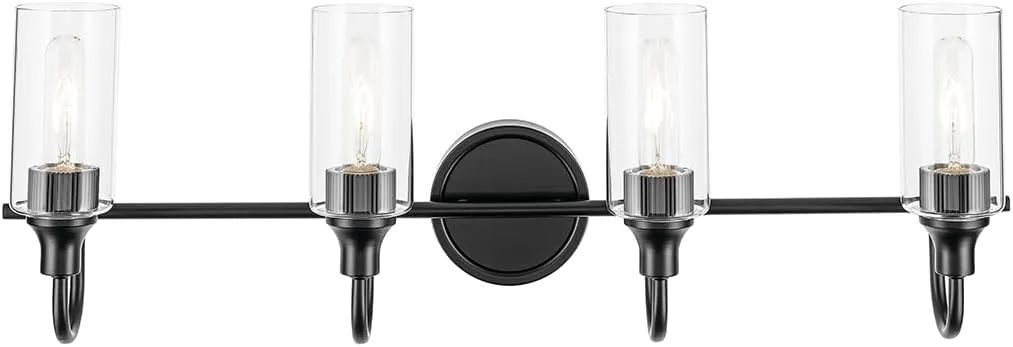 Kichler Kavi 31.5" 4-Light Vanity Light with Clear Glass in Black, Damp Rated, for Bathroom, Powder Room, Over a Mirror, (31.5" W x 10" H), 55212BK