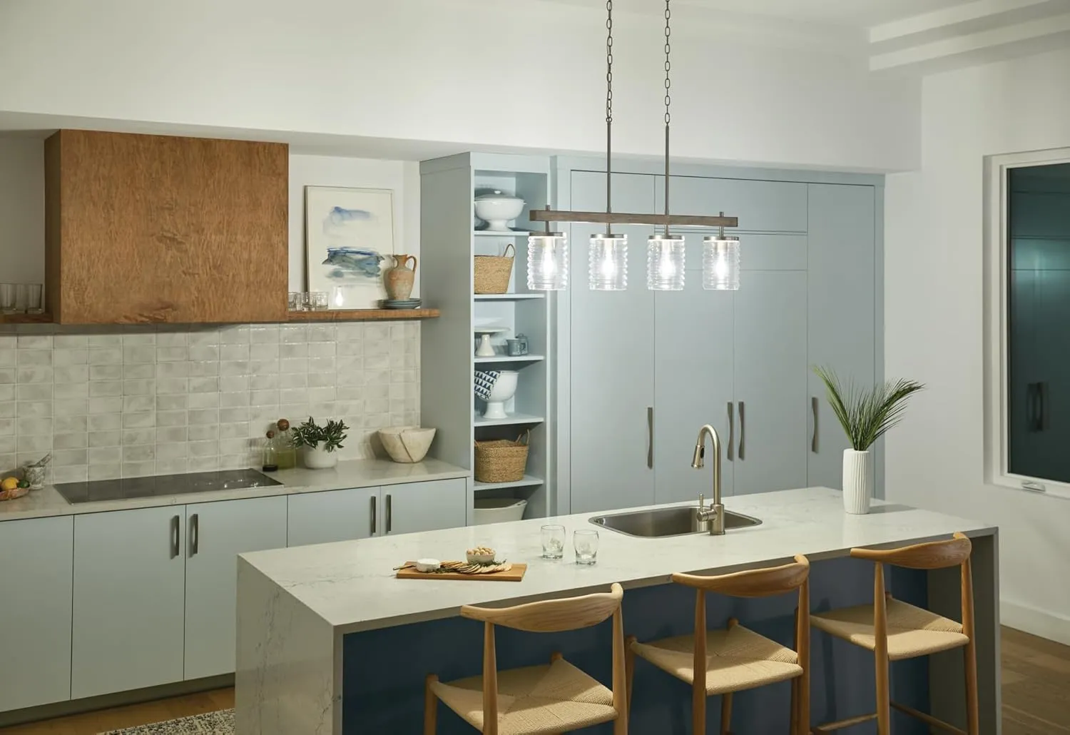 KICHLER Maritime 4-Light Linear Chandelier in a Classic Brushed Nickel Finish with a Clear Horizontal Ribbed Glass Shade, 82399