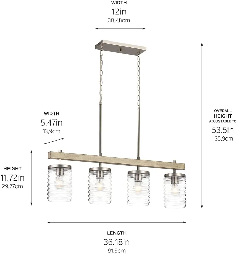 KICHLER Maritime 4-Light Linear Chandelier in a Classic Brushed Nickel Finish with a Clear Horizontal Ribbed Glass Shade, 82399