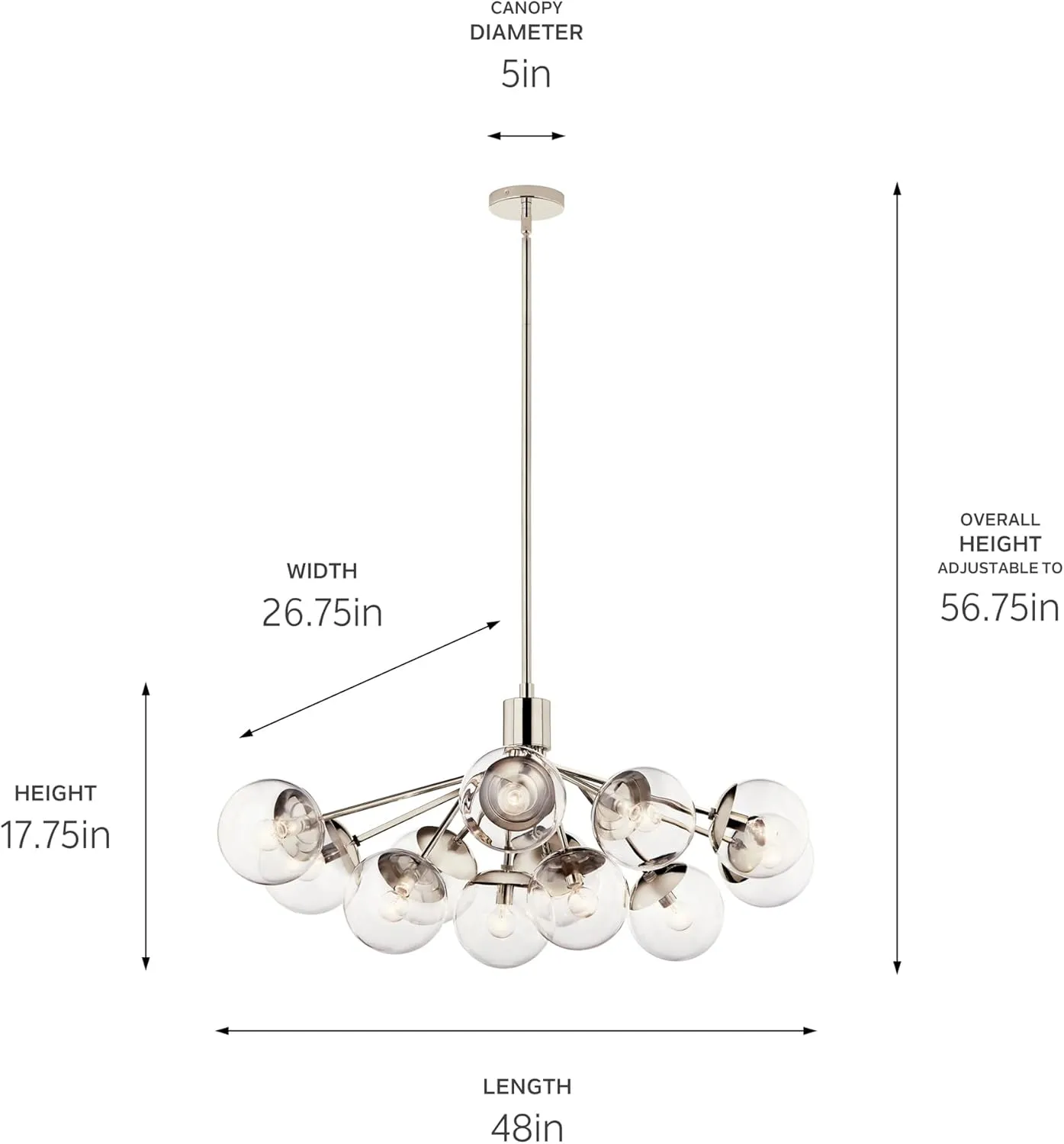 KICHLER Silvarious 12-Light Linear Convertible Chandelier, Soft Modern Light with Clear Glass in Polished Nickel, for Dining Room or Living Room (17.75" x 26.75" x 48"), 52703PNCLR