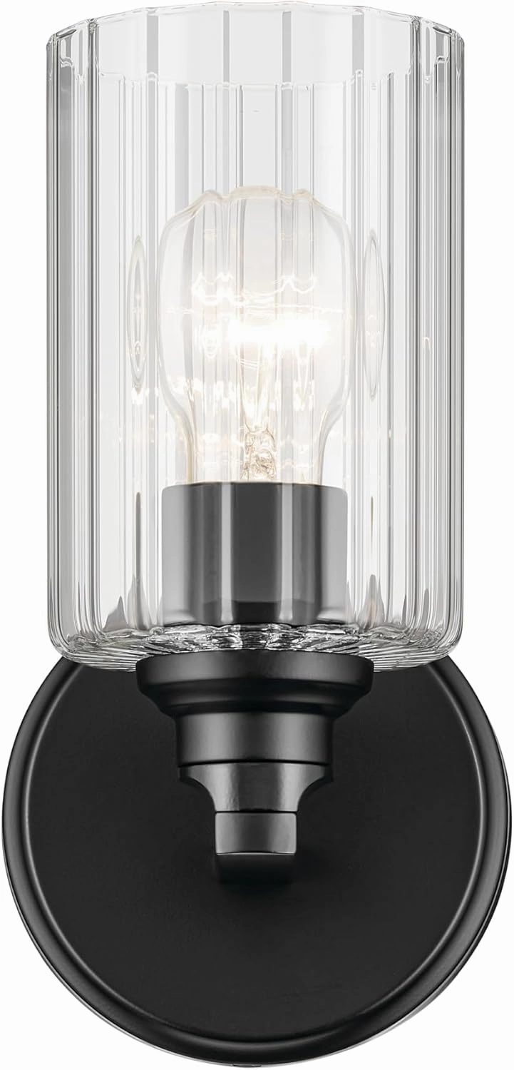 Kichler Gioe 5" 1-Light Wall Sconce with Clear Fluted Glass in Black, Damp Rated, for Powder Room, Kitchen, Hallway, Bedroom, Fireplace, (5" W x 9.5" H), 55224BKFLU