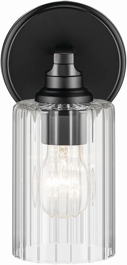 Kichler Gioe 5" 1-Light Wall Sconce with Clear Fluted Glass in Black, Damp Rated, for Powder Room, Kitchen, Hallway, Bedroom, Fireplace, (5" W x 9.5" H), 55224BKFLU