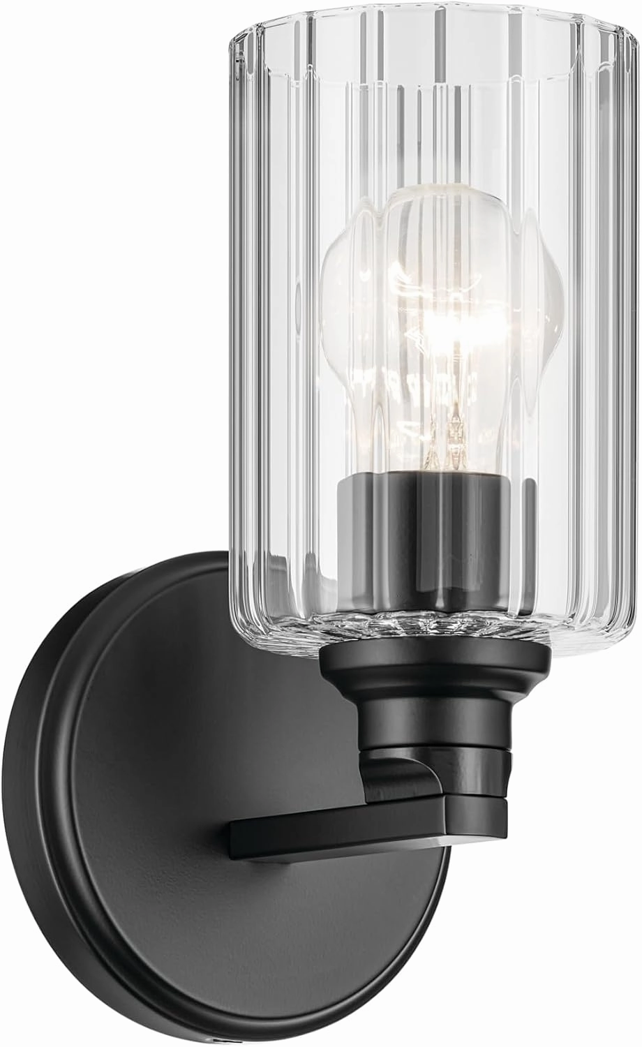 Kichler Gioe 5" 1-Light Wall Sconce with Clear Fluted Glass in Black, Damp Rated, for Powder Room, Kitchen, Hallway, Bedroom, Fireplace, (5" W x 9.5" H), 55224BKFLU