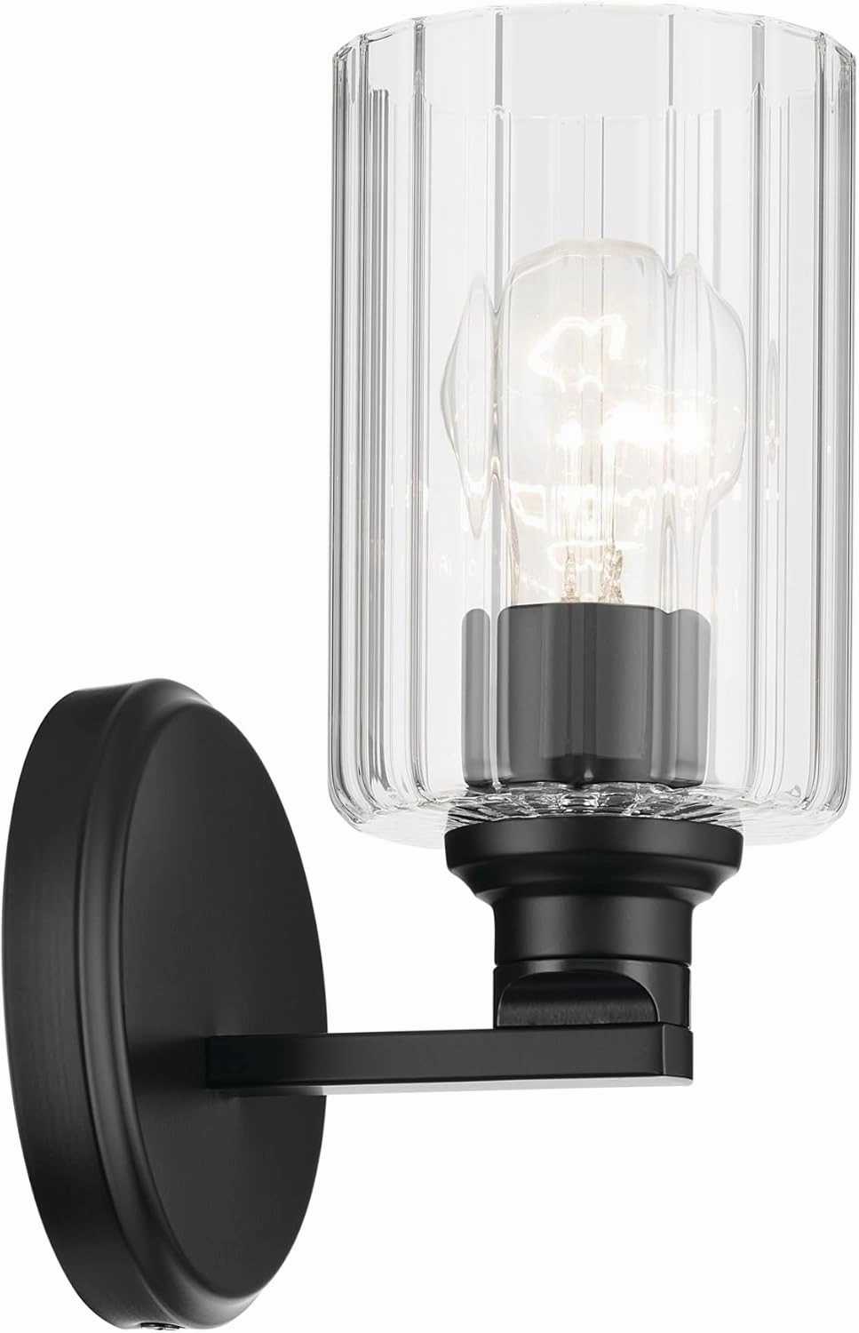 Kichler Gioe 5" 1-Light Wall Sconce with Clear Fluted Glass in Black, Damp Rated, for Powder Room, Kitchen, Hallway, Bedroom, Fireplace, (5" W x 9.5" H), 55224BKFLU