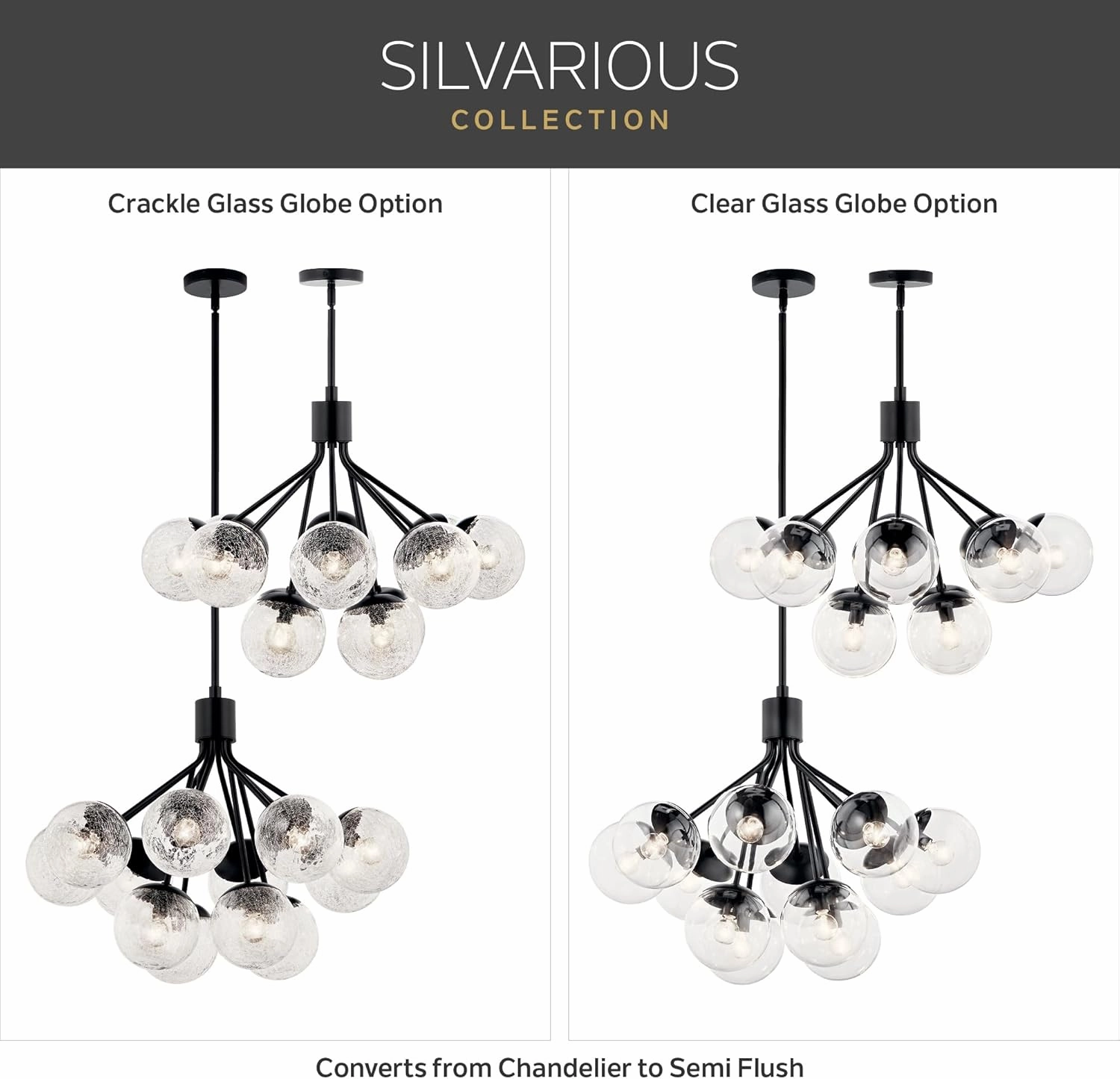 KICHLER Silvarious 12-Light Linear Convertible Chandelier, Soft Modern Light with Clear Glass in Black, for Dining Room or Living Room (17.75" x 26.75" x 48"), 52703BKCLR