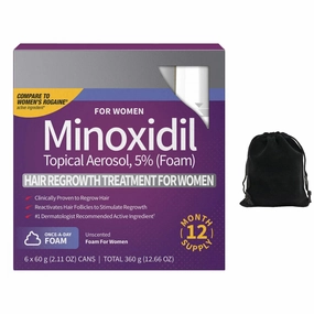 Kirkland Signature 5% Minoxidil Foam for Women, Hair Loss Regrowth Treatment, 12-Month Supply, Unscented, Easy Application, 6 Cans, Includes Storage Pouch, Clear