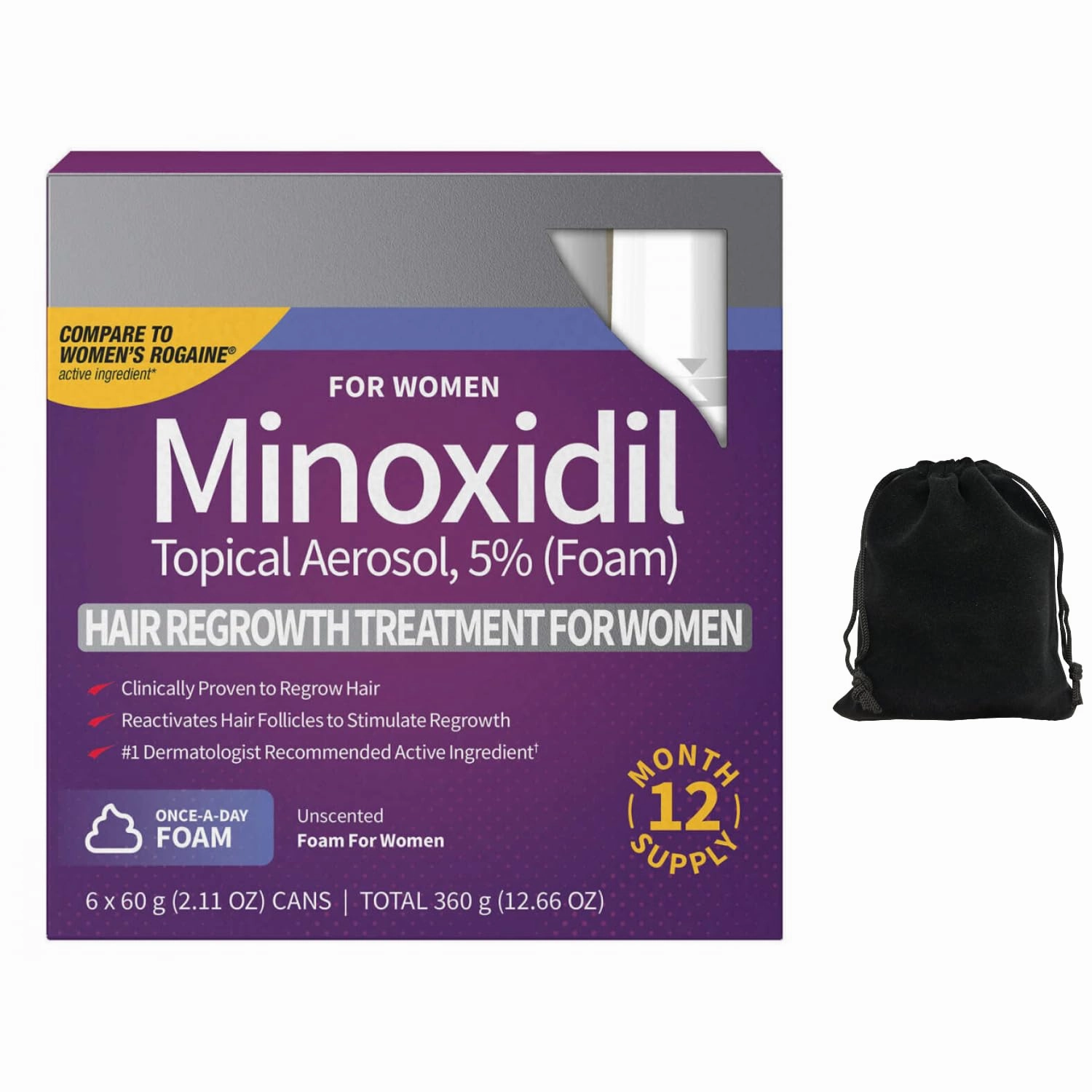 Kirkland Signature 5% Minoxidil Foam for Women, Hair Loss Regrowth Treatment, 12-Month Supply, Unscented, Easy Application, 6 Cans, Includes Storage Pouch, Clear