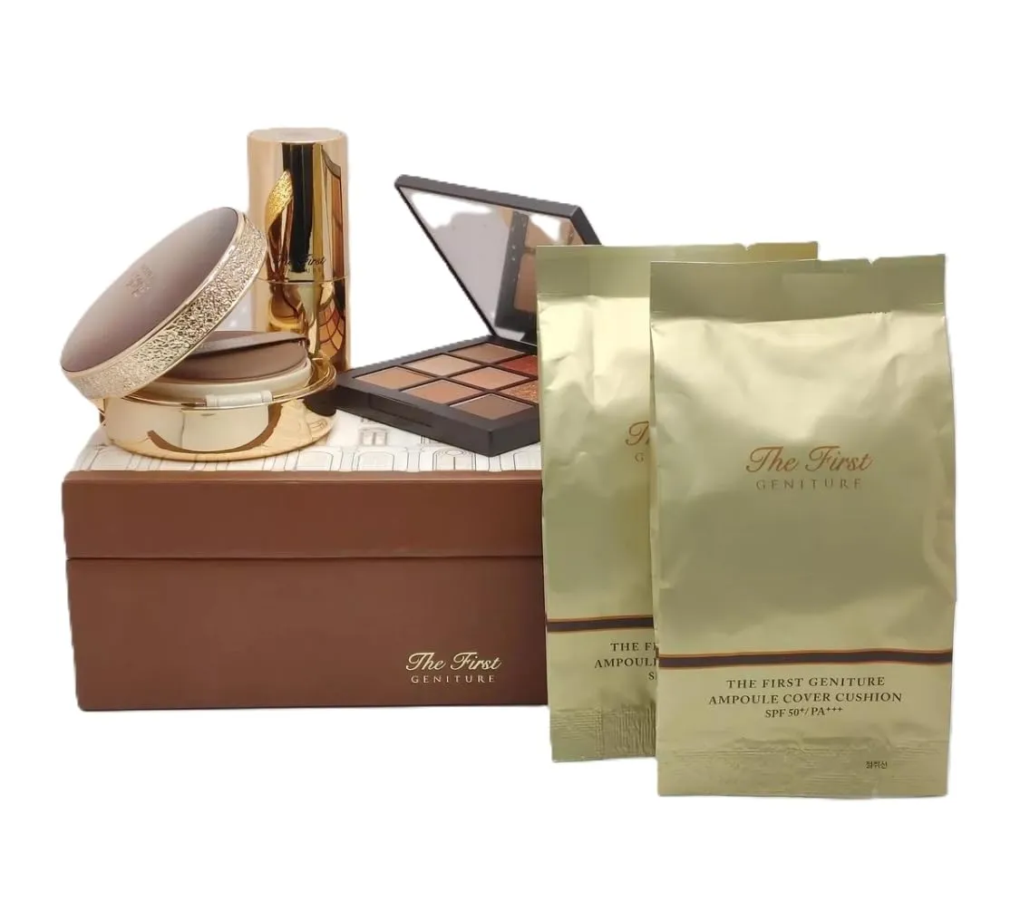 Korea Luxury Makeup_The First Geniture Ampoule Cover Cushion No #01 Milk Beige/with 2 Refill, Cover Brush & Brown Eye Shadow Palette. Foundation Helps Makeup Stay Put for Long Hours and Moisture Skin
