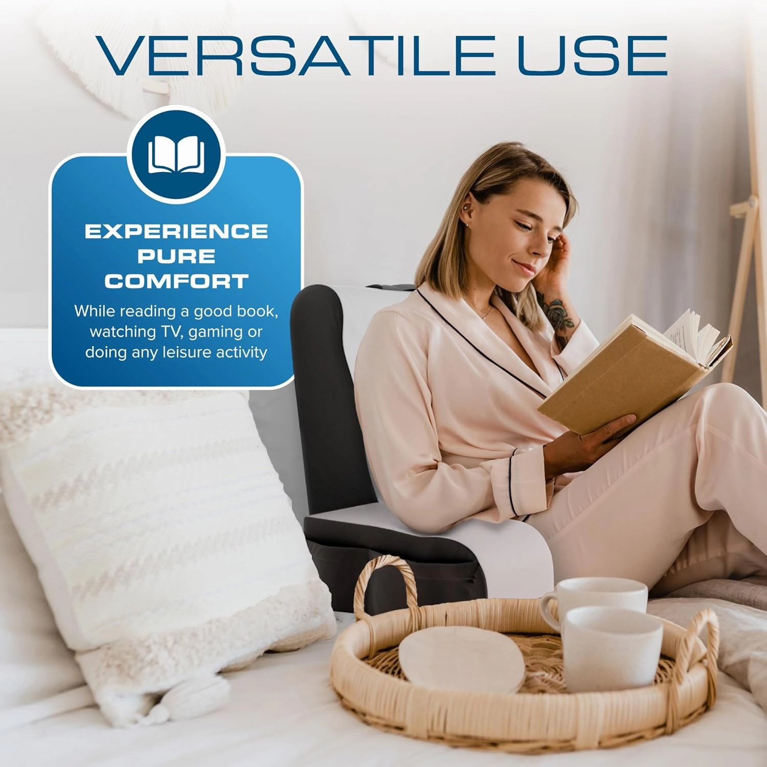 Kölbs Wedge Reading Cushion, Back Pillow for Bed Sitting Up, Cushion with Arms for TV Book Gaming Dorm Rooms, Backrest (Grey/White, Standard)