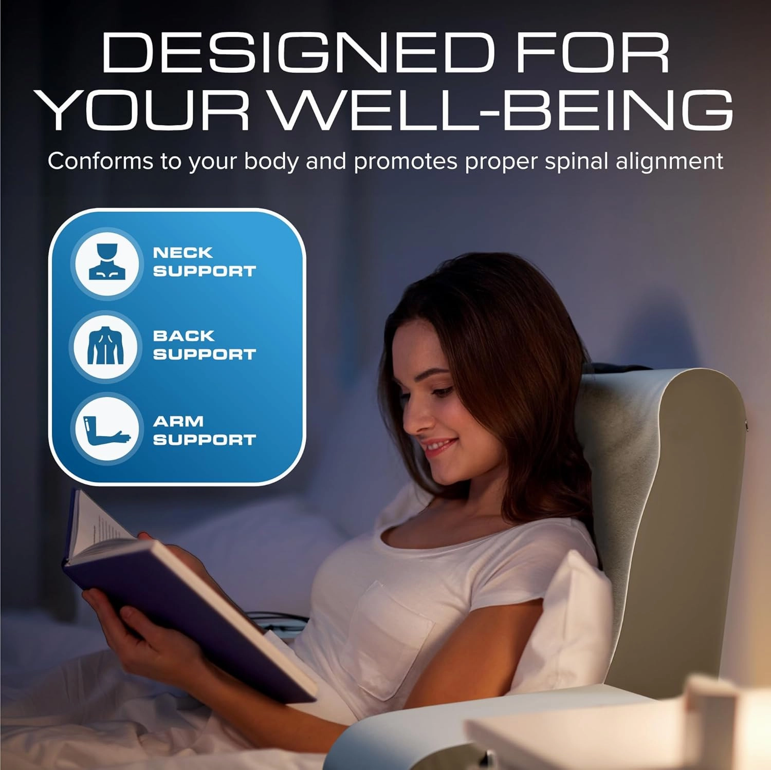 Kölbs Wedge Reading Cushion, Back Pillow for Bed Sitting Up, Cushion with Arms for TV Book Gaming Dorm Rooms, Backrest (Grey/White, Standard)