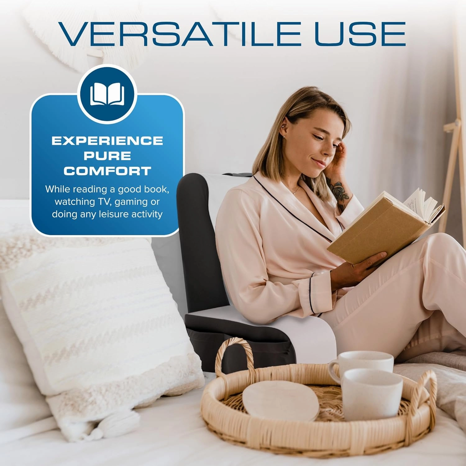 Kölbs Wedge Reading Cushion, Back Pillow for Bed Sitting Up, Cushion with Arms for TV Book Gaming Dorm Rooms, Backrest (Grey/White, Standard)