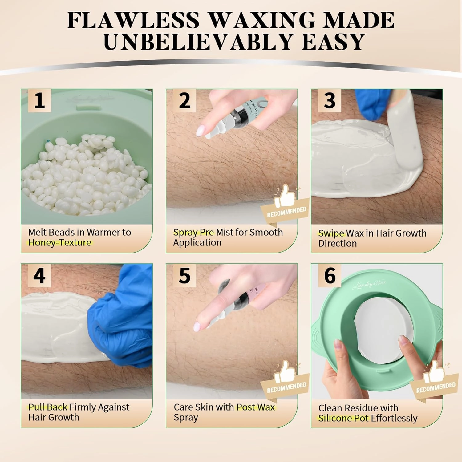 LANSLEYWAX White Hard Wax Beads, 1LB Wax Beans for Sensitive Skin & Full-Body Hair Removal, Brazilian/Bikini/Face/Legs/Eyebrow/Armpit/Chest Waxing Refill at Home for Women & Men, Stripless Formula
