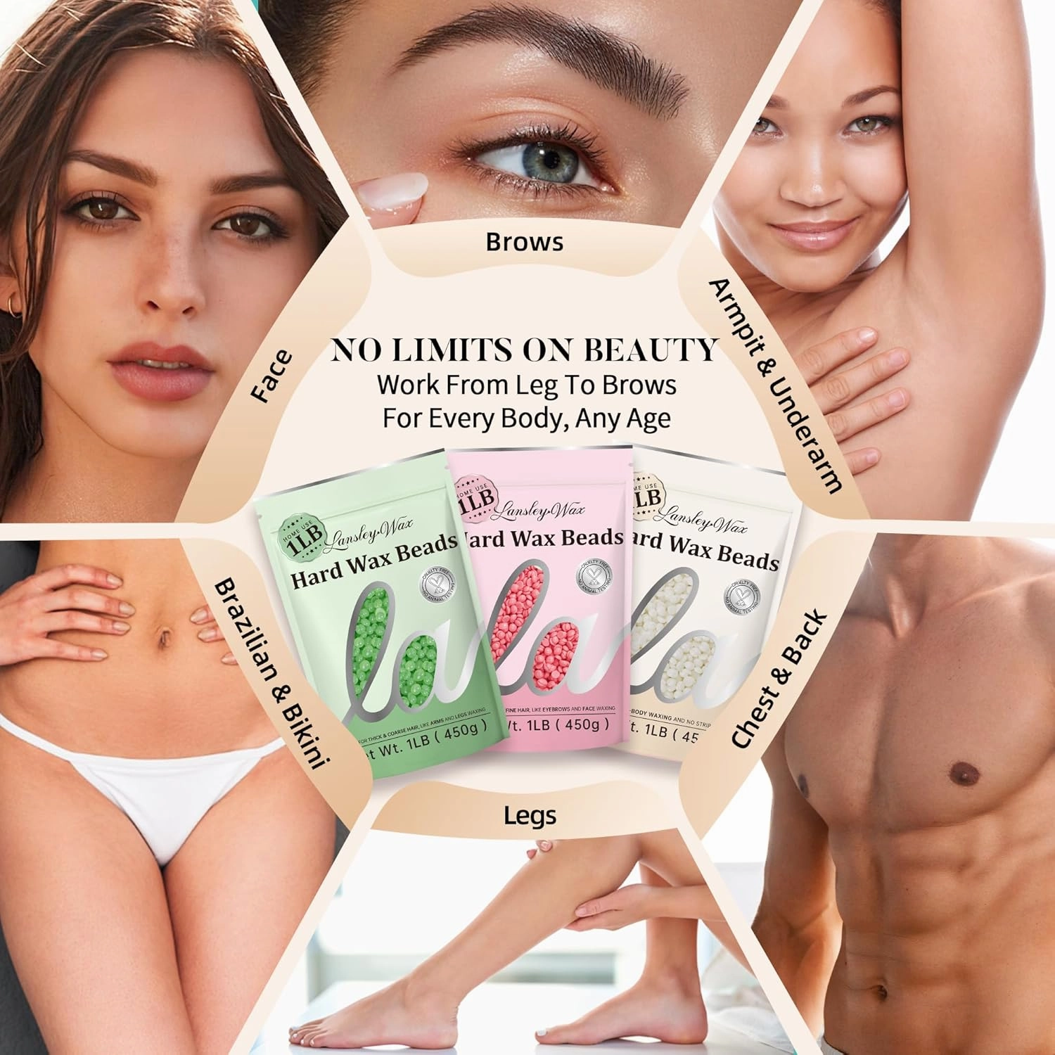 LANSLEYWAX White Hard Wax Beads, 1LB Wax Beans for Sensitive Skin & Full-Body Hair Removal, Brazilian/Bikini/Face/Legs/Eyebrow/Armpit/Chest Waxing Refill at Home for Women & Men, Stripless Formula