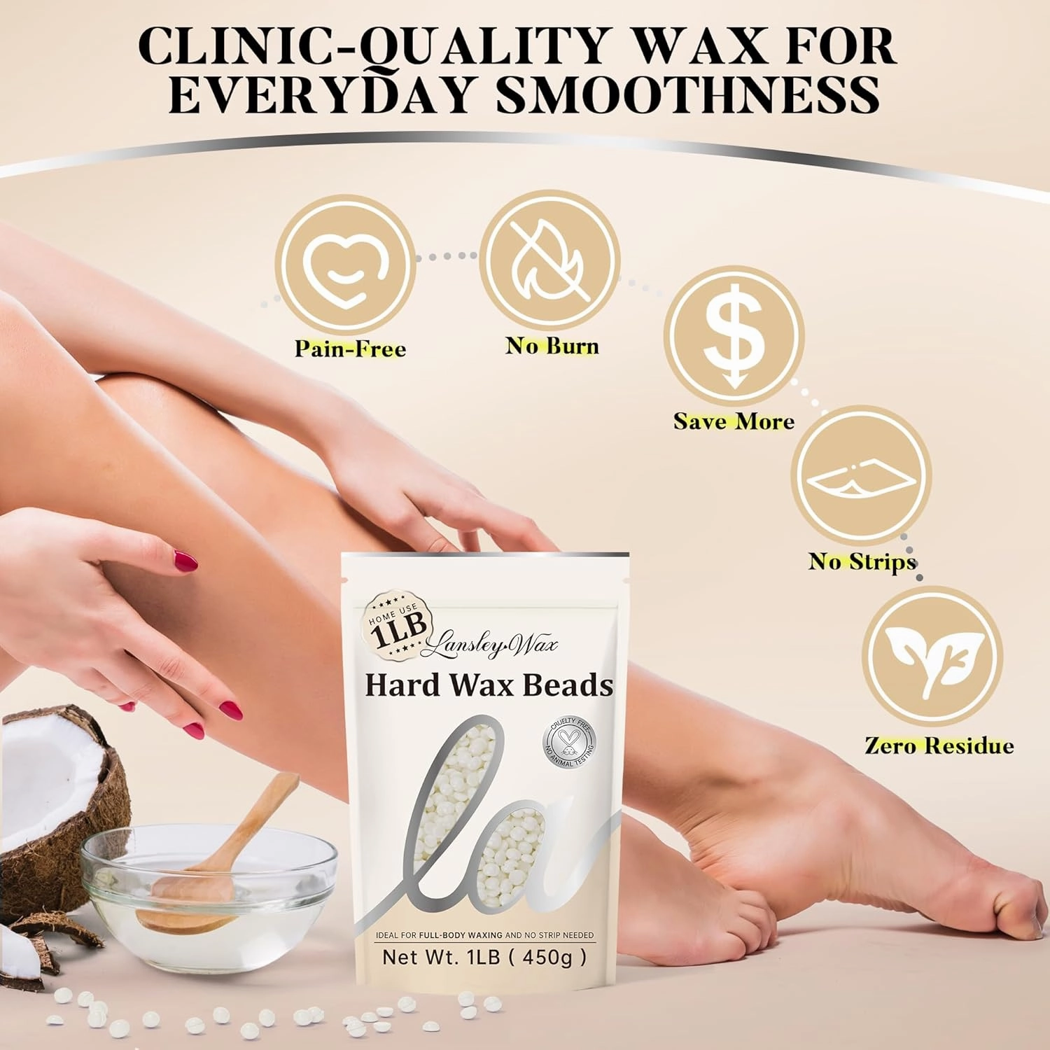 LANSLEYWAX White Hard Wax Beads, 1LB Wax Beans for Sensitive Skin & Full-Body Hair Removal, Brazilian/Bikini/Face/Legs/Eyebrow/Armpit/Chest Waxing Refill at Home for Women & Men, Stripless Formula