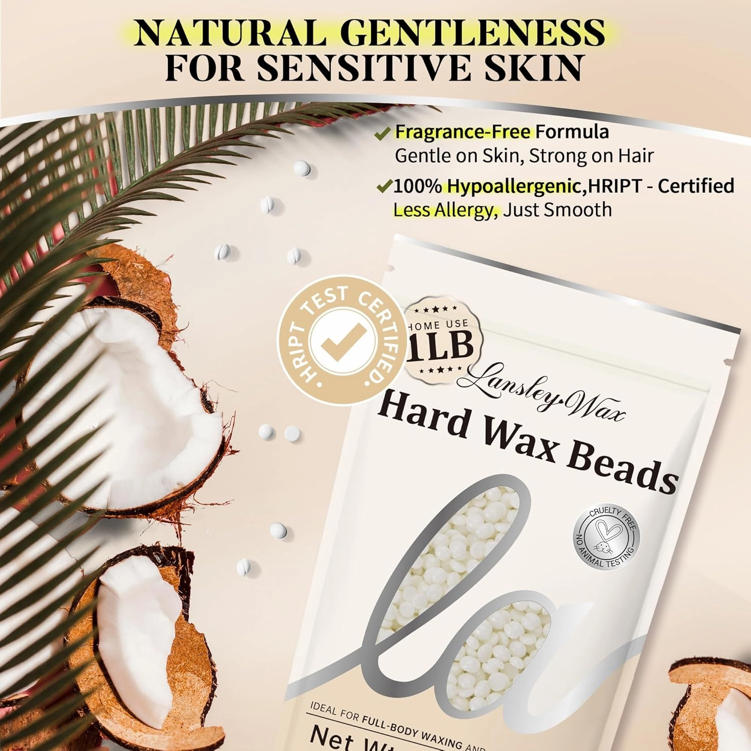 LANSLEYWAX White Hard Wax Beads, 1LB Wax Beans for Sensitive Skin & Full-Body Hair Removal, Brazilian/Bikini/Face/Legs/Eyebrow/Armpit/Chest Waxing Refill at Home for Women & Men, Stripless Formula