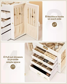 Large Lockable Jewelry Box with Mirror - White & Gold Organizer for Necklace, Watches, Earrings, Rings | 4 Drawers, Swing Cabinets, Velvet Lining | Gift-Ready Case for Women