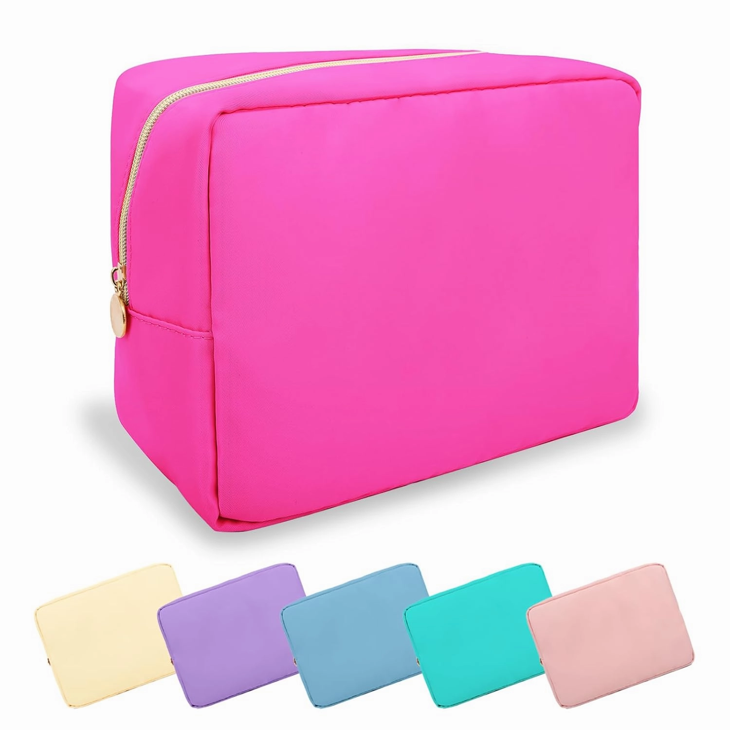 Large Makeup Bag Pouch,Nylon Women Travel Toiletry Storage Bag Preppy Cosmetic Bag for Girls,Big Makeup Organizer Bag Cute Zipper Pouch Skincare Bag for Sport Work Gift(Large-Bubblegum)