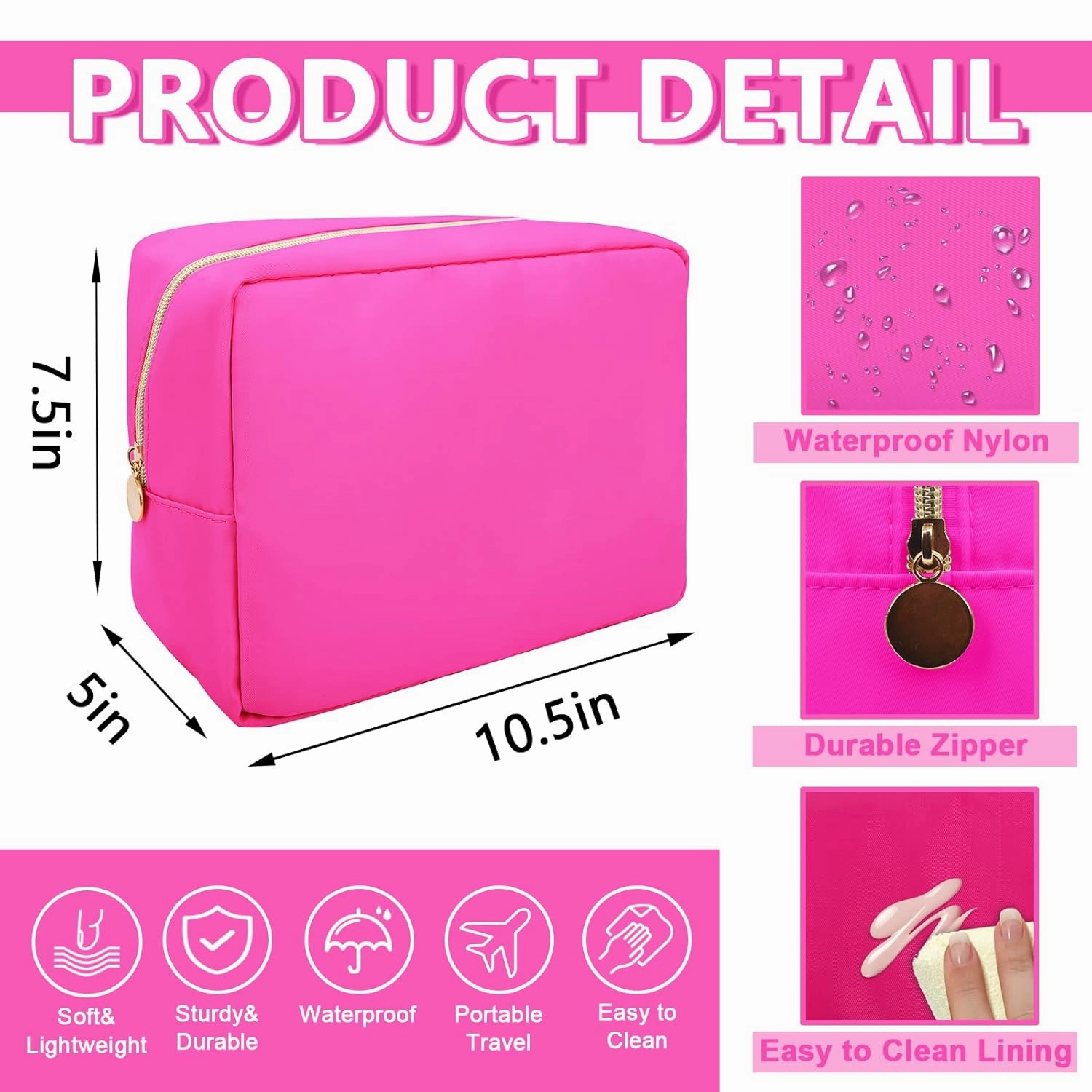Large Makeup Bag Pouch,Nylon Women Travel Toiletry Storage Bag Preppy Cosmetic Bag for Girls,Big Makeup Organizer Bag Cute Zipper Pouch Skincare Bag for Sport Work Gift(Large-Bubblegum)