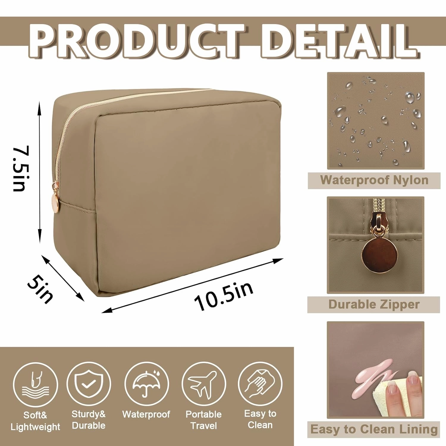 Large Makeup Bag Pouch,Nylon Women Travel Toiletry Storage Bag Preppy Cosmetic Bag for Girls,Big Makeup Organizer Bag Cute Zipper Pouch Skincare Bag for Sport Work Gift(Large-Khaki)