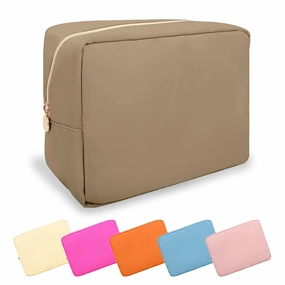 Large Makeup Bag Pouch,Nylon Women Travel Toiletry Storage Bag Preppy Cosmetic Bag for Girls,Big Makeup Organizer Bag Cute Zipper Pouch Skincare Bag for Sport Work Gift(Large-Khaki)