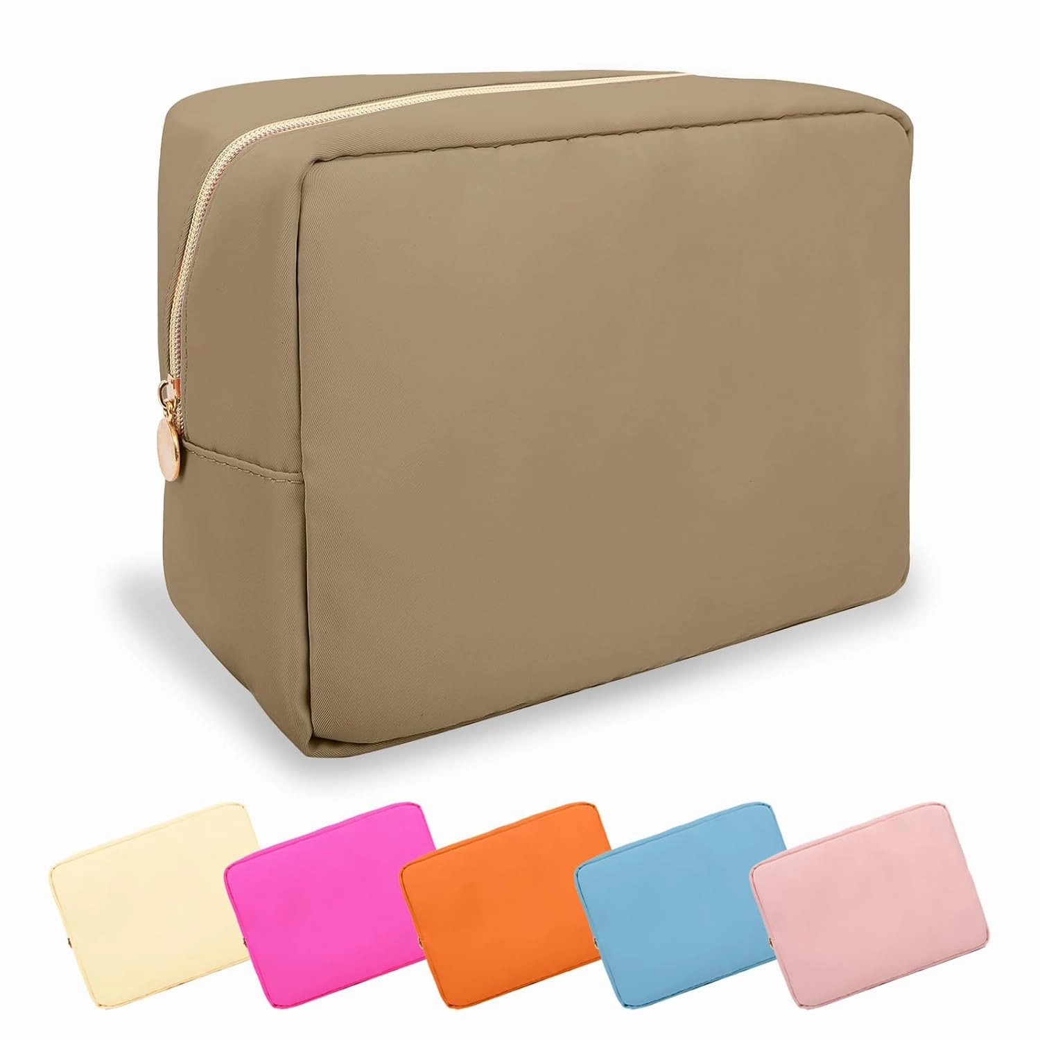 Large Makeup Bag Pouch,Nylon Women Travel Toiletry Storage Bag Preppy Cosmetic Bag for Girls,Big Makeup Organizer Bag Cute Zipper Pouch Skincare Bag for Sport Work Gift(Large-Khaki)