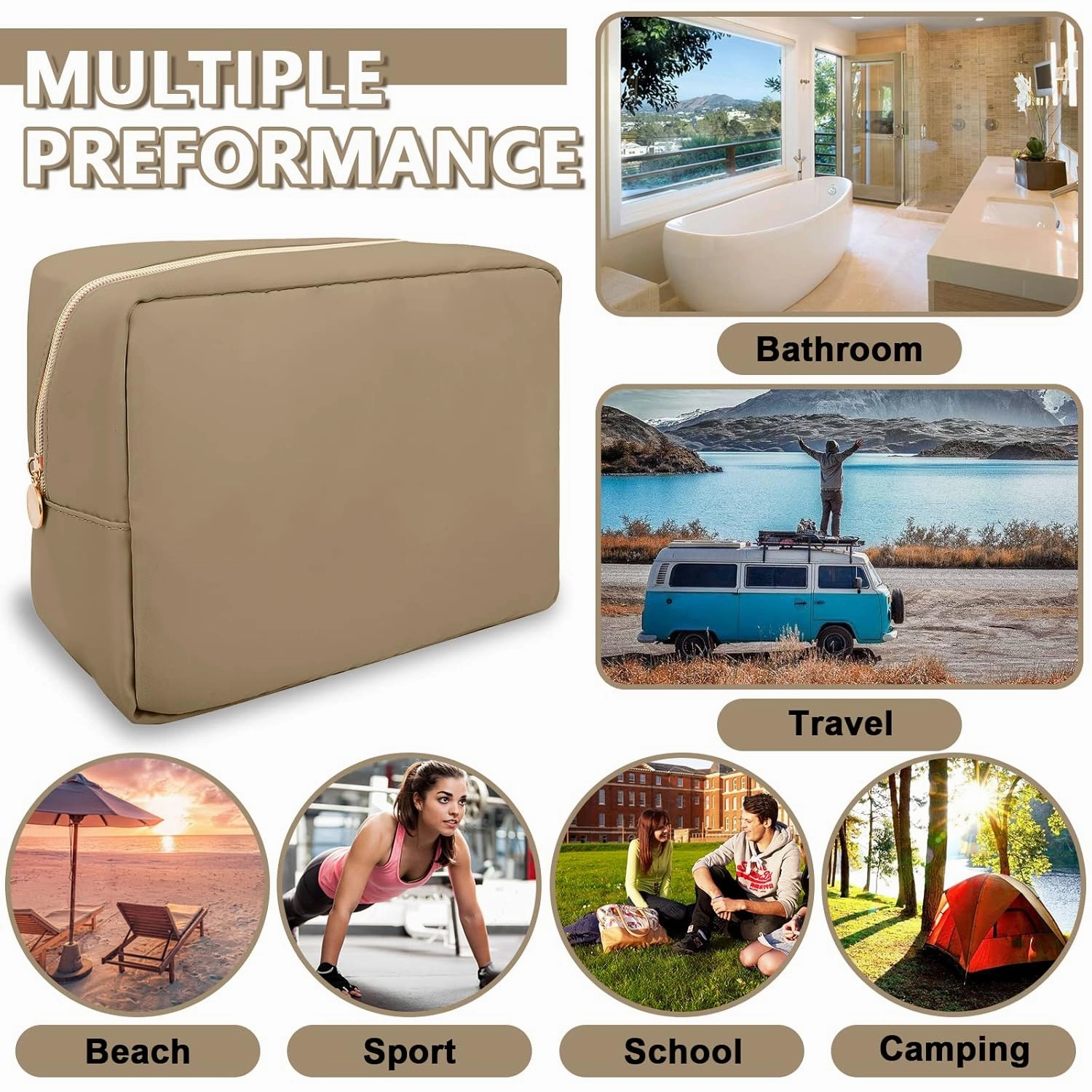 Large Makeup Bag Pouch,Nylon Women Travel Toiletry Storage Bag Preppy Cosmetic Bag for Girls,Big Makeup Organizer Bag Cute Zipper Pouch Skincare Bag for Sport Work Gift(Large-Khaki)
