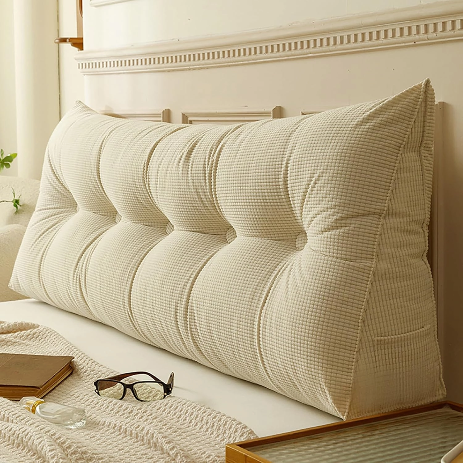 Large White Headboard Pillow Triangular Queen, Soft Wedge Pillow Headboard Positioning Support Reading Backrest Pillow for Day Bunk Backrest Support