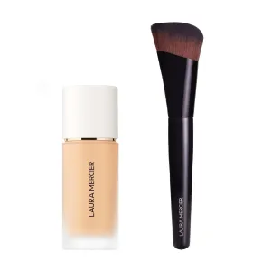 Laura Mercier Real Flawless Weightless Perfecting Waterproof Liquid Foundation: Medium-Buildable Coverage, 12 HR Fade-Proof Wear, Hydrating, Non-Comedogenic, 1W1 Cashmere   Foundation Brush Bundle